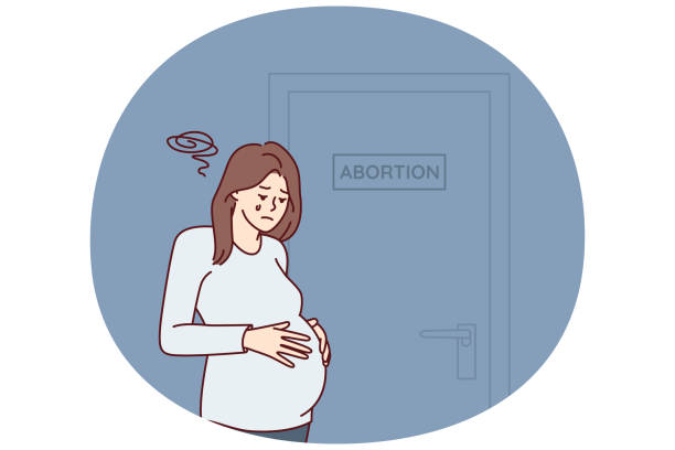 расстроенная бер�еменная женщина возле двери с табличкой об аборте после принятия трудного решения - pro choice stock illustrations