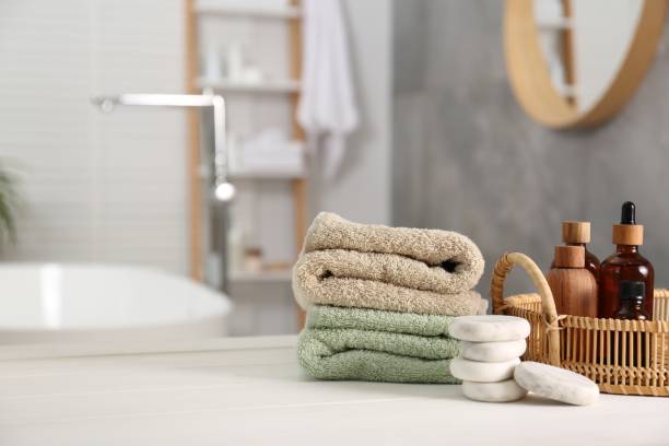 istock Composition with spa products on white table in bathroom, space for text 1948191767