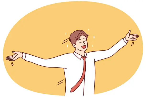 Vector illustration of Delighted man in shirt and tie waving arms to sides and shouting with happiness. Vector image