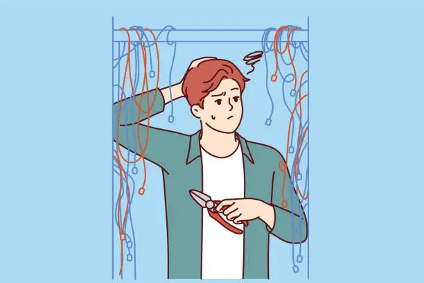 Vector illustration of Man electrician stands among wires and scratches head, wondering how to fix electrical equipment