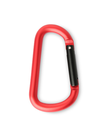 One red carabiner isolated on white, top view