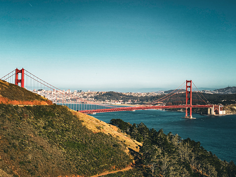 View of Golden Gate Bridge with Alcatraz, San Francisco, and the Marin Headlands all in a stitched panorama.