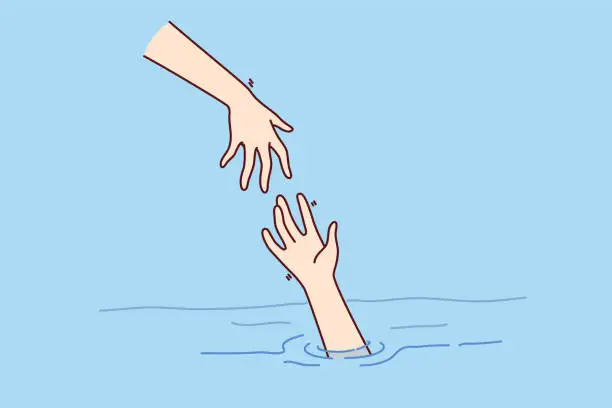 Vector illustration of Savior hand helps drowning man get out of water, for concept getting into trouble