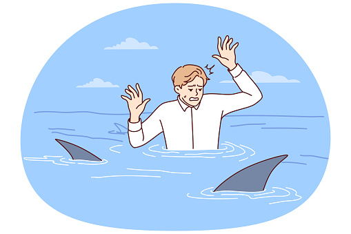 Frightened man in business shirt is in water with sharks and raises hands out of panic. Guy in office clothes with predatory fish symbolizes unfriendly environment in company team. Flat vector design