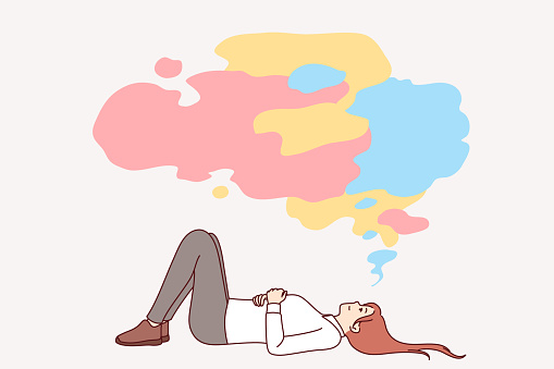 Business woman procrastinates lying on back under multi-colored cloud and not wanting to start working and developing. Girl office employee procrastinates due to lack of ambition or motivation