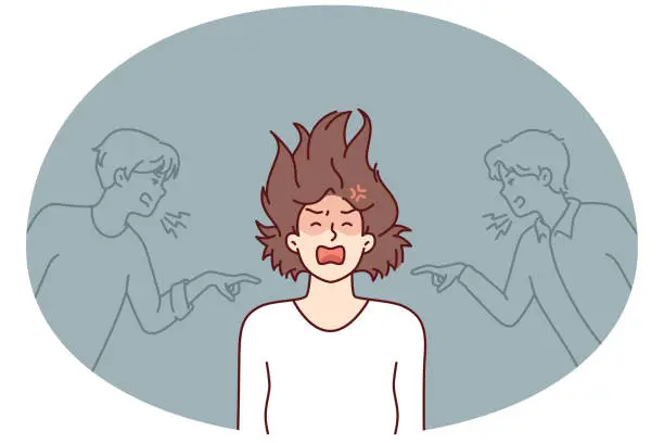 Vector illustration of Depressed girl having panic attack and screaming after insulting two guys. Vector image