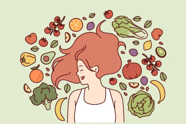 Vector illustration of Vegetarian woman lies among fresh fruits and vegetables rejoicing at opportunity to eat organic food