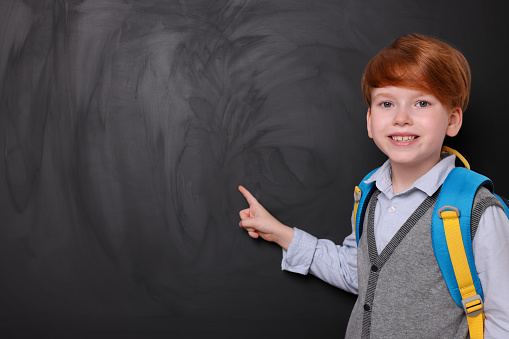 Smiling schoolboy pointing at something on blackboard. Space for text