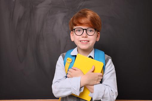 Portrait of smiling schoolboy with book near blackboard