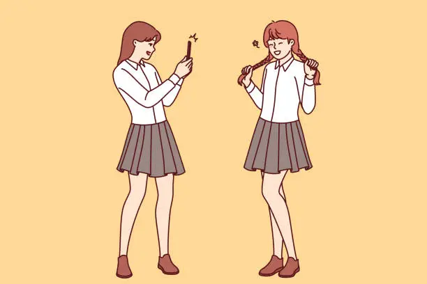 Vector illustration of Teenage girls had photo shoot in school uniforms, posing for mobile application on social network