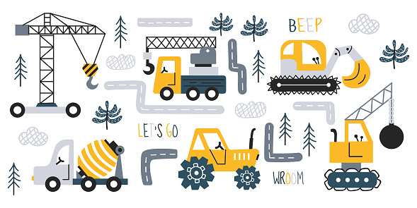 Cute cars in Scandinavian style. Children's vector set of road transportation toys. Hand drawn cars - tractor, cement mixer, cargo crane, bulldozer, excavator. Children's banner, print, for fabric.