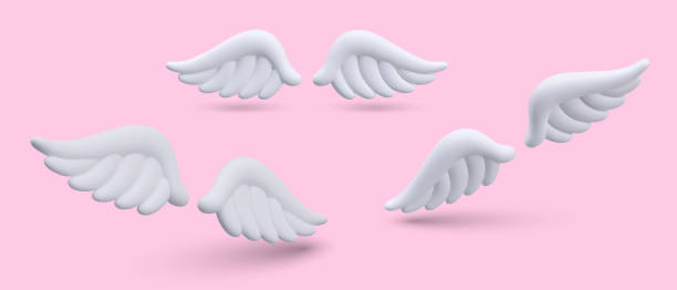 3d realistic angel wings in different positions on pink background with shadow 3d realistic angel wings in different positions on pink background with shadow. Concept of sale. White cute wings of animal. Vector illustration in 3d style clip art of a cupid free stock illustrations