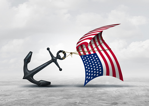 United States Economic Struggle and American slowdown crisis as Americans struggling with finances taxes and political and social challenges as a US flag symbol and a heavy anchor representing tax burden as an obstacle.