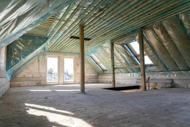 Spacious attic under construction with thermal insulation and skylights in a new home