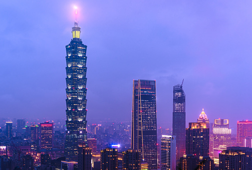 Taipei City, Taiwan skyline viewed during the night.