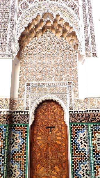 Beautiful door, Morocco Traditional Moroccan door in wood and mosaic marrakesh riad stock pictures, royalty-free photos & images
