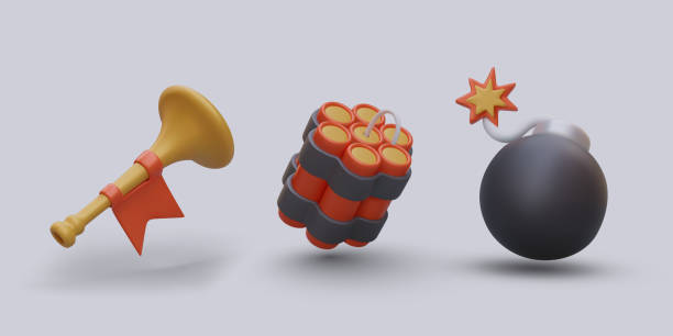 istock Game icons set. Realistic trumpet with red flag, dynamite, round bomb with burning cord 1948351430