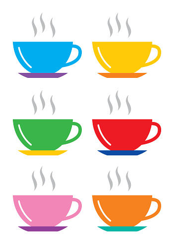 Vector illustration of colorful coffee cups with steam on a white background.