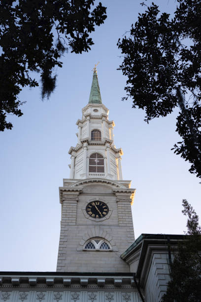 Historic Presbyterian church in downtown Savannah, Georgia at golden hour.