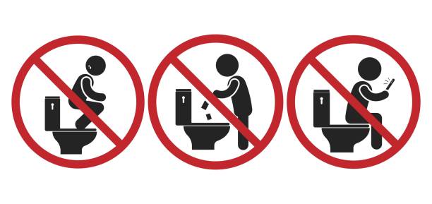 Bundle set of isolated prohibition rest room sign, do not sit squat on top of WC, no littering on toilet, no cellphone on restroom Bundle set of isolated prohibition rest room sign, do not sit squat on top of WC, no littering on toilet, no cellphone on restroom squat toilet stock illustrations