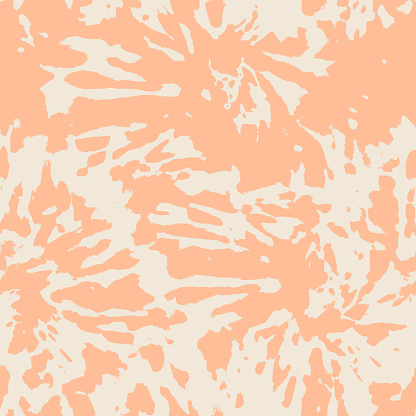 Tie dye shibori floral seamless pattern. Peach Fuzz color hand painted flower ornamental elements on white background. Abstract texture. Print for textile, fabric, wallpaper, wrapping paper.