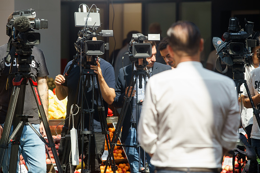 Bucharest, Romania. 14th July, 2023: Cameramen are filming during the inauguration of the agri-food market Piata Norilor by the City Hall of Sector 4