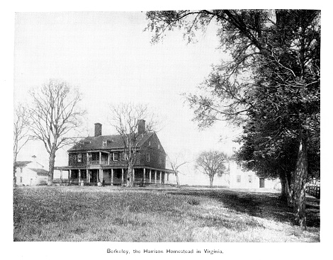 Berkeley, a Virginia home belonging to generations of Harrisons, United States. Photograph engraving published 1896. Copyright expired; artwork is in Public Domain.