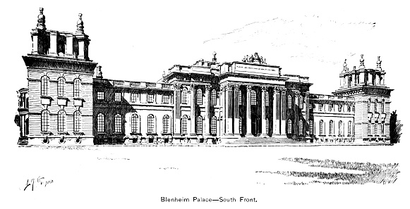Blenheim Palace, in Woodstock, Oxfordshire, England, is the seat of the Dukes of Marlborough. Blenheim is the birthplace and ancestral home of Sir Winston Churchill. Illustration engravings, published 1896. This edition is in my private collection. Copyright is in public domain.