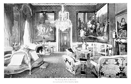 Drawing Room at Blenheim Palace, in Woodstock, Oxfordshire, England, is the seat of the Dukes of Marlborough. Blenheim is the birthplace and ancestral home of Sir Winston Churchill.  Photograph engraving published 1896. This edition is in my private collection. Copyright is in public domain.