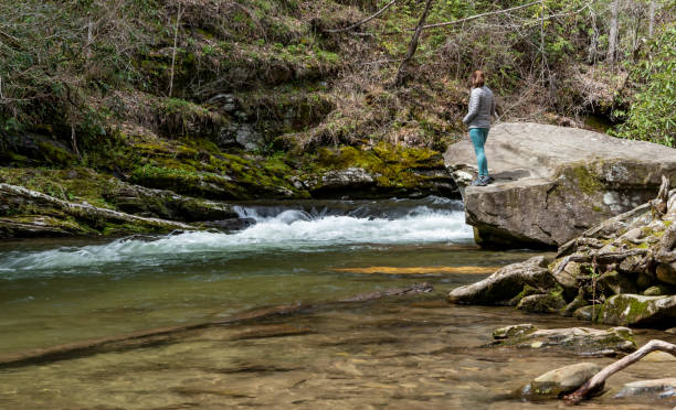 istock Woman Stands on Rock Along Creek 1948507083