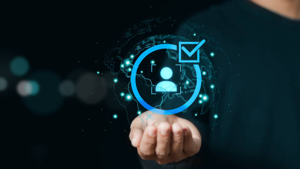 Know your customer (KYC) concept. Businessman holding identity verification symbol for Increase financial security and access personal financial data. Biometrics security.