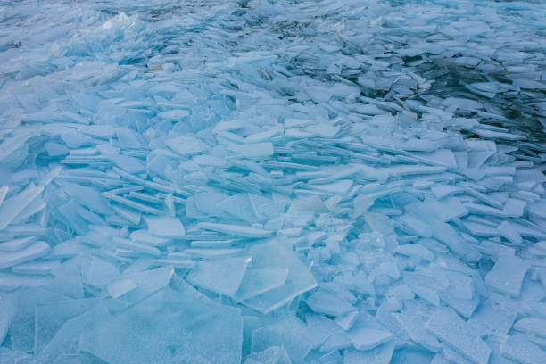 Aerial view about frozen lake Balaton, cracked ice pattern.