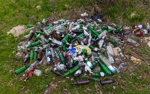 Flat lay shot of water plastic bottles on green grass