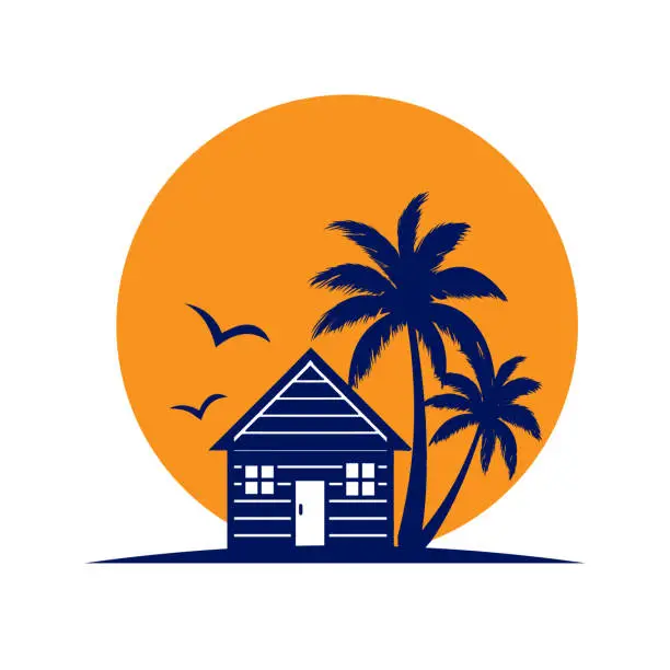 Vector illustration of Sunset Palm House Cabin Cottage Resort Hotel Inn Real Estate Summer Travel Illustration Design Vector