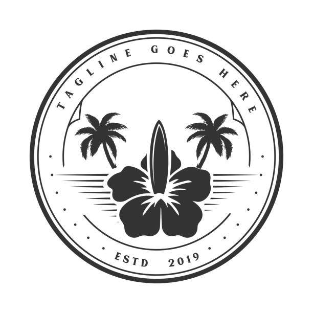 illustrations, cliparts, dessins animés et icônes de hipster rétro vintage hawaii hawaïen hibiscus fleur avec planche de surf palm tree badge emblème étiquette design vecteur - maui beach palm tree island