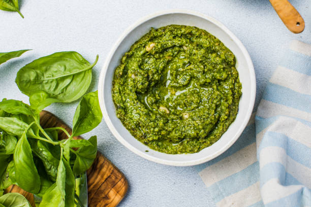 istock Pesto sause and ingredients on white background, copy space 1948770261