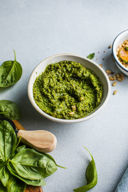 istock Pesto sause and ingredients on white background, copy space 1948770272