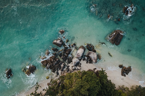 A breathtaking aerial view captured on a tropical island in Thailand. The image features crystal-clear blue waters and a section of palm forest with large rocks scattered in the water. The atmosphere is peacefully tranquil, inviting dreams of a summer paradise. The photo has a serene and idyllic quality, evoking the desire to dive into the inviting waters