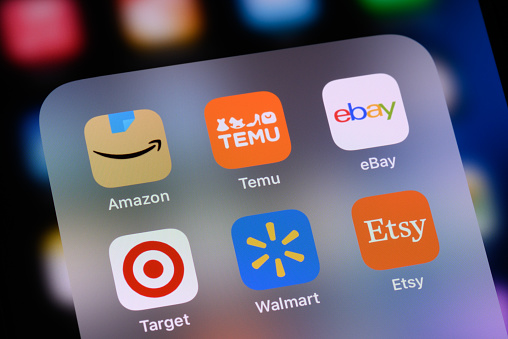 Toronto, Canada - January 20, 2024:  Popular online shopping apps on an Apple iPhone:  Amazon, Temu, eBay, Target, Walmart and Etsy.