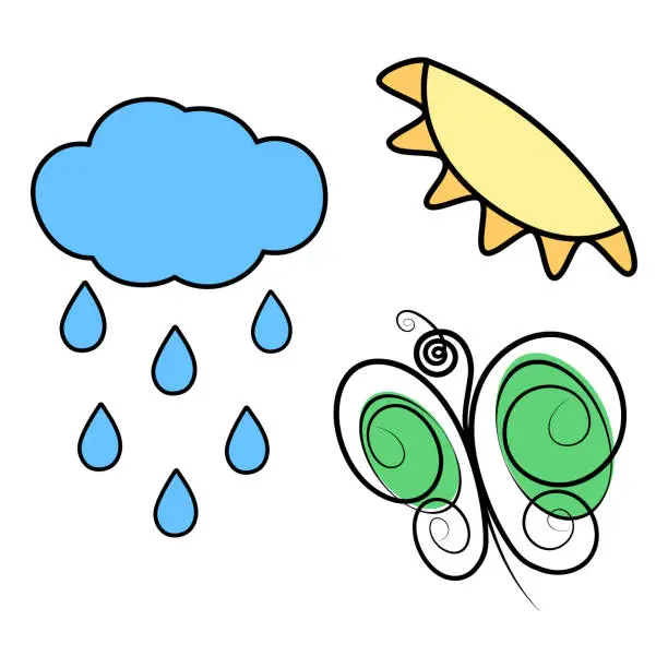 Vector illustration of Sun, butterfly and cloud with drops in trendy marker colors. Ser of 3 stylized design elements