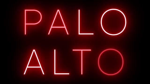 Glowing and blinking red retro neon sign for PALO ALTO