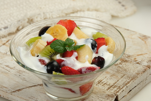 Fresh Fruit Salad With Yogurt, Healthy Eating.on White Background