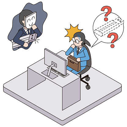 This is an isometric illustration of an office worker who forgot a USB containing important information outside the company, and a criminal plotting to exploit it.