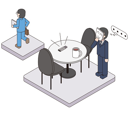This is an isometric illustration of an office worker who forgot a USB containing important information outside the company, and a criminal plotting to exploit it.