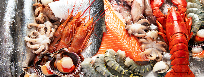 Assortment of fresh raw fish and seafood. Healthy and balanced diet or cooking concept. Top view. Panorama.