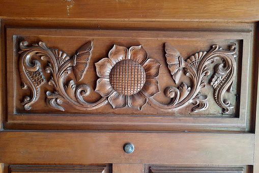 View of beautifully carved wooden panel of door with smooth flowing floral design pattern