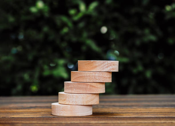 istock Blank round wooden blocks as a graph chart steps on wood table on green leaves background, investment, income, eco trends, environment business growth, economic improvement concepts. 1948938195