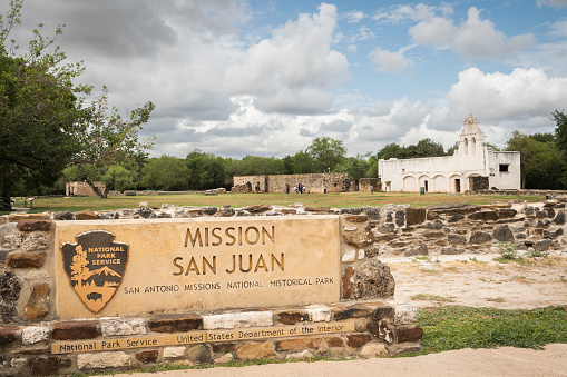 San Antonio, Texas, USA - July 5, 2023: Mission San Juan Capistrano, a Catholic Church built in 1731 by Spanish Franciscan priests along the San Antonio River is a UNESCO World Heritage Site and part of the Missions National Historical Park