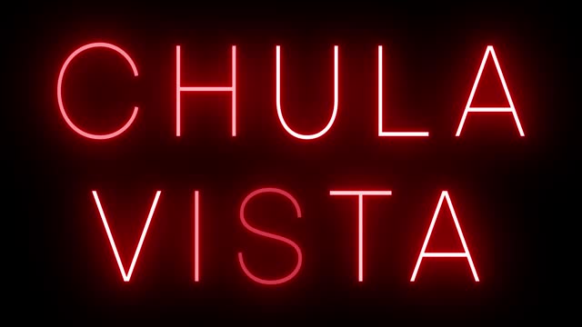 Glowing and blinking red retro neon sign for CHULA VISTA