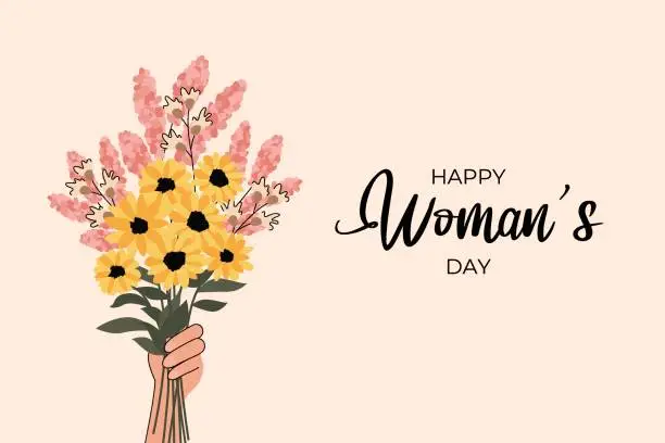 Vector illustration of Happy Woman's Day banner or poster. Bouquet of flowers. Romantic wild flowers. Hand holding bouquet of flowers. Hand drawn vector illustration.